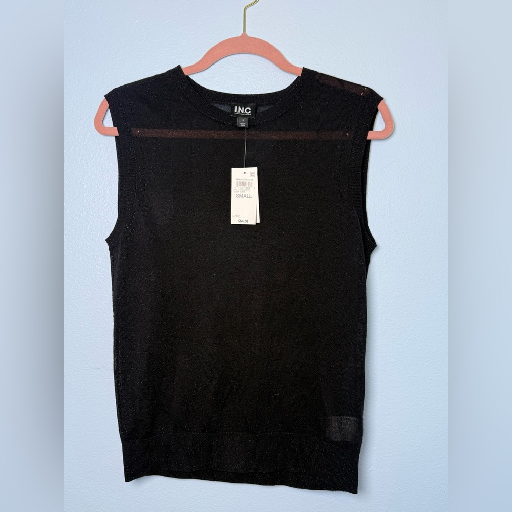 INC International Concepts Black Semi Sheer Sleeveless Crewneck Sweater